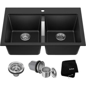 KRAUS Quarza 33-inch Drop-In/Undermount 50/50 Double Bowl Granite Kitchen Sink in Black Onyx, KGD-433B