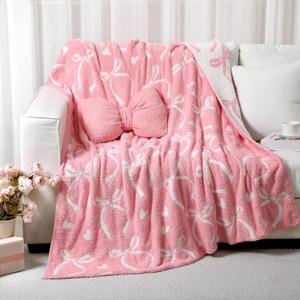Pink Bow Throw Blanket and Pillow Set Include Coquette Blanket 50 x 60 Inch and Pink Bow Plush Throw Pillows Cushion for Baby Girls Women Gift Couch Sofa Bed Nursery Preppy Room Decorations