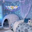 Winter Snowflake Stuffed Animals Hammock Net with LED Light Nursery Winter Room Decor Snowflake Plushie Ceiling Net Toy Storage Organizer Blue Purple Wall Hanging for Bedroom Nursery Playroom