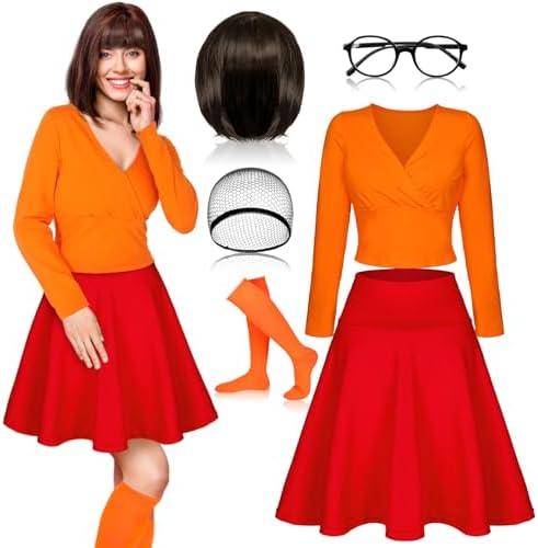 6 Pcs Halloween Adults Costume for Women Cosplay Orange Top Red Skater Skirt Brown Bob Wig Socks Glasses Costume,Size XL