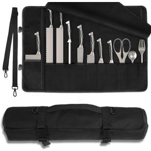 Upgraded Chef Knife Roll Bag, Waterproof Waxed Canvas Knife Case Holds Size Up to 18'', Portable Knife Holder with 11 Slots for Knives with Adjustable Strap, Gift for Beginner or Pro (Black)