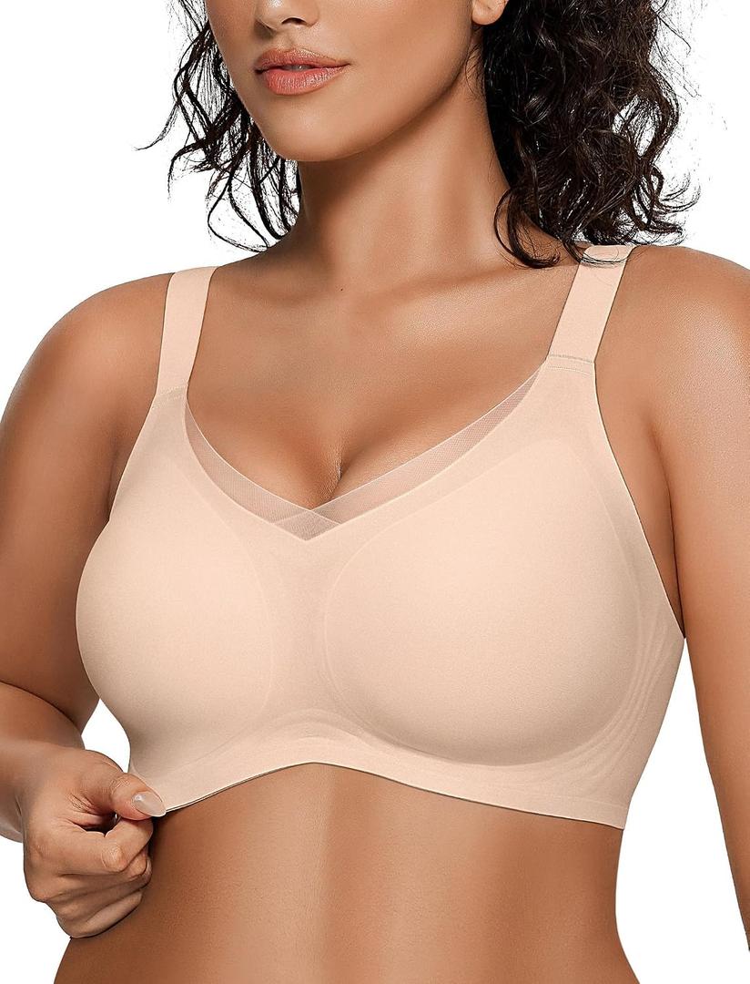 OEAK Womens Wireless Jelly Bras V Mesh Comfortable Bralette Supportive Tshirt Bra No Underwire Seamless Push Up Everyday Bras (Beige, L)