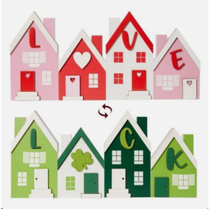 DN DECONATION Valentines & St. Patrick Day Wooden Table Signs Decor, Reversible House Wooden Blocks with Love & Luck for Tiered Tray Tabletop Centerpiece Irish Valentines Day Home Decorations