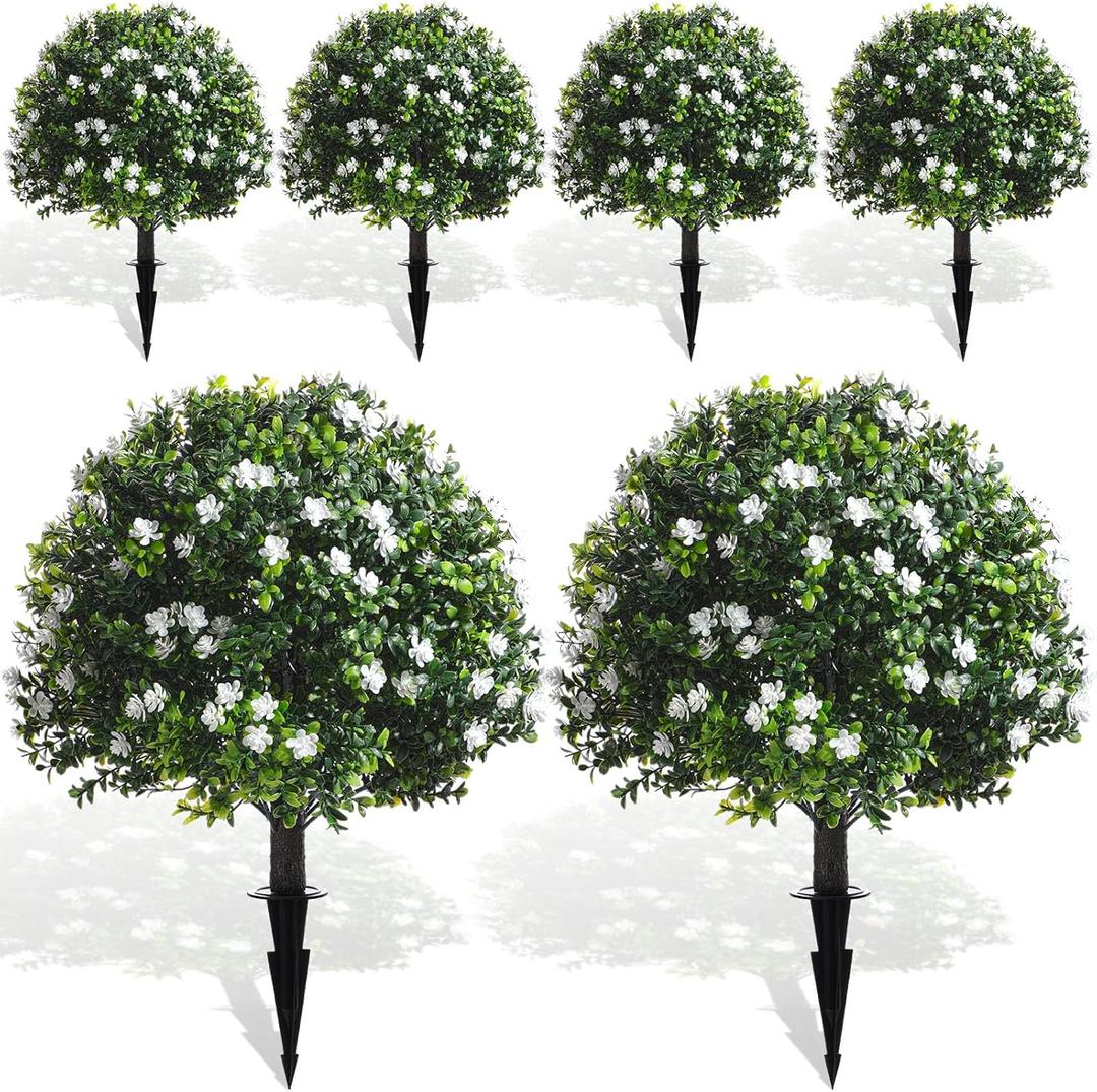 Yunlly 6 Pcs Artificial Flowers Fake Boxwood Topiary Ball Tree 27 Inch Outdoor Faux Bush Balls, Realistic UV Resistance Fake Shrub Plant with Spike for Garden Porch Patio Indoor Decor (White)
