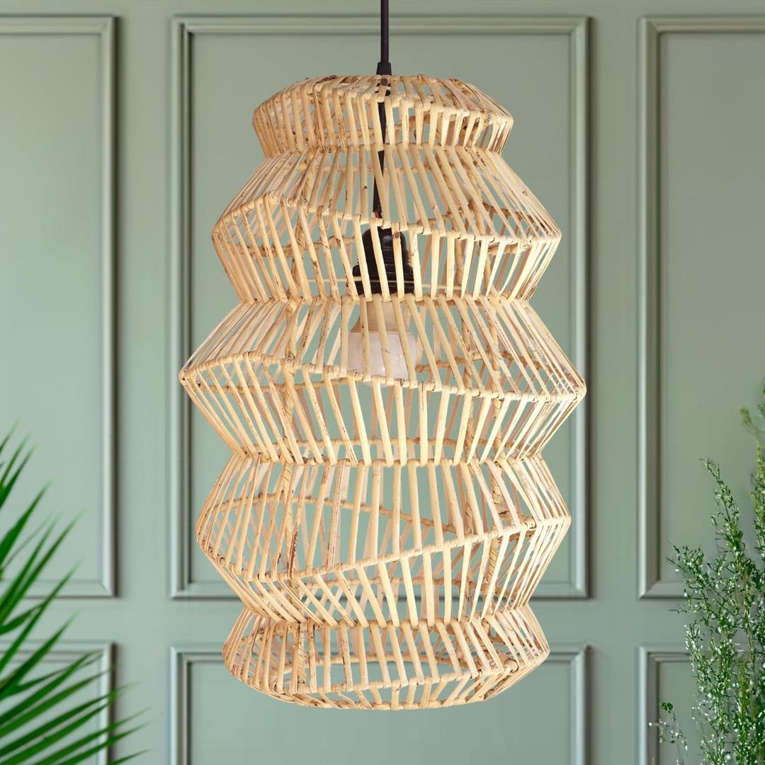 FOREVER BAMBOO Indonesian Hand-Woven Natural Rattan Pendant Light Fixture Circle Shape Woven Wicker Lampshade Chandelier Interior Decor, 15 in H x 15 in W