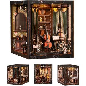Book Nook Kits for Adults - Four Sides Uniquely Styled Miniature House Kit for Bookshelf Decor, Wooden DIY 3D Puzzles with LED Lampline & Dust Cover, Creative Craft Gift for Music & Book Lover