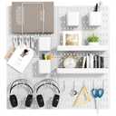 Peg Board Combination Kit, 4 Pegboards with 20 Accessories, Pegboard Wall Organizer for Office, Nursery & Home Storage, Key Holder, 25.6"x25.6" Nail-Free InstallationWhite