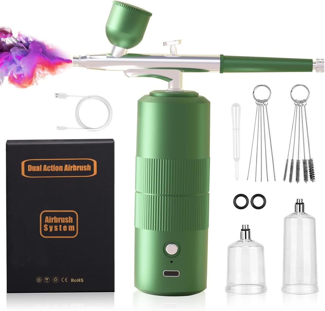 Airbrush Kit Dual Action with Compressor, 40PSI Cordless Airbrush Gun Set, Auto-Stop Handheld Rechargeable Air Brush Comes 3 Gears Air Pressures for Nails Art, Painting, Cake, Makeup, Model, Coloring