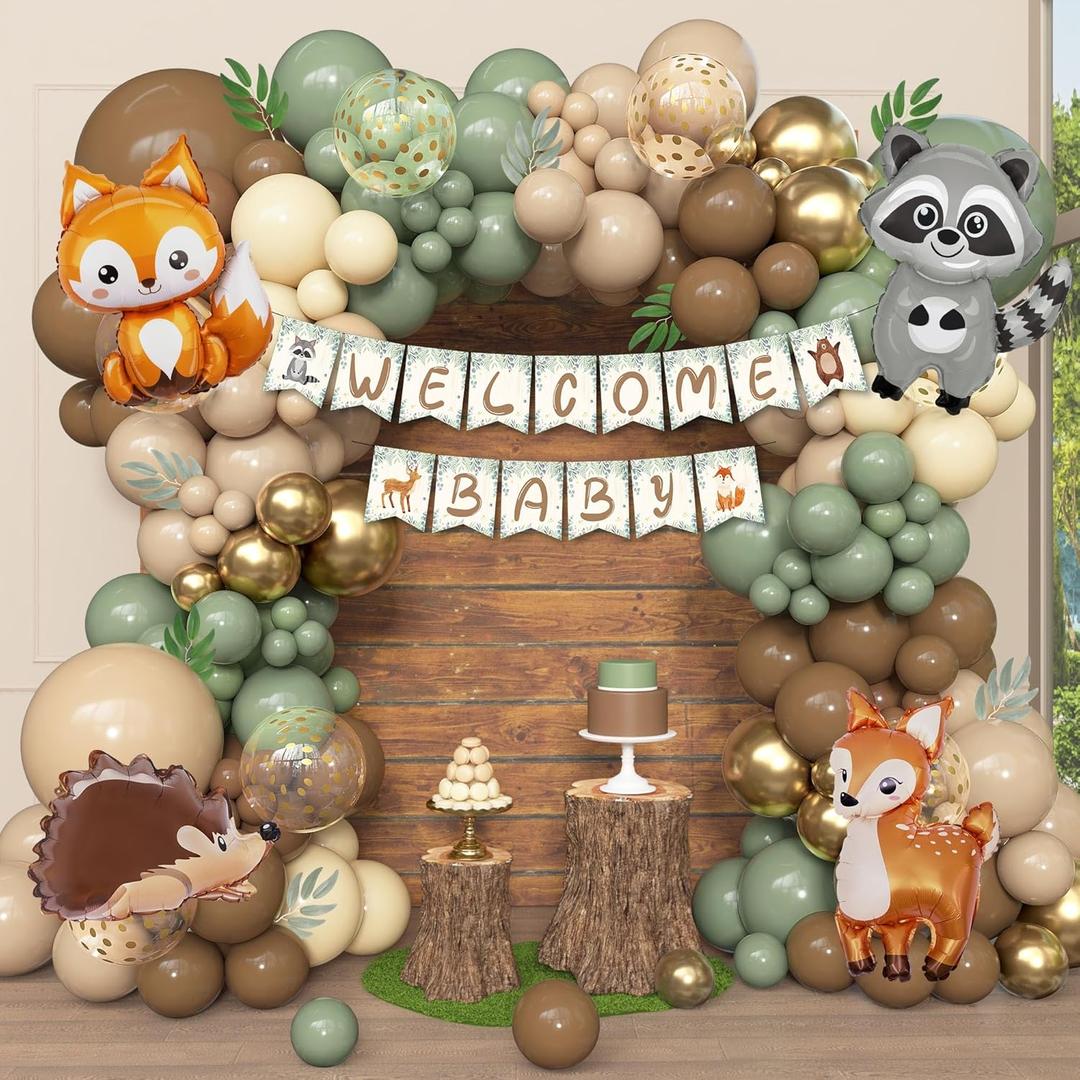 167Pcs Woodland Animals Baby Shower Decorations, Woodland Balloon Garland Arch Kit with Welcome Baby Banner Sage Green Brown Neutral Forest Animal Foil Balloons for Forest Safari Jungle Party Supplies