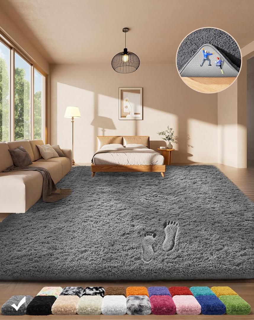 Ophanie Area Rugs for Living Room Bedroom, Upgrade Non-Slip Fluffy Soft Grey Shag Carpet, Indoor Floor Gray 4x6 Fuzzy Shaggy Living Room Plush Rug for Kids Home Dorm Decor Aesthetic