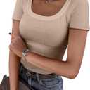 ANRABESS Women Short Sleeve Tops Scoop Neck Ribbed Knit Slim Fitted Basic Tee Shirt Casual Summer Clothes 2026 Spring Outfits (Beige, XL)