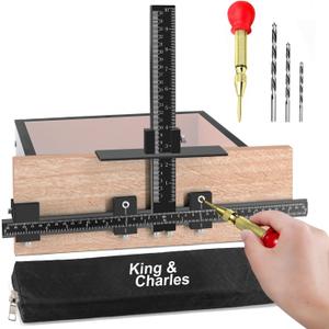 Cabinet Hardware Jig, King&Charles Aluminum Alloy Cabinet Handle Jig + Auto Hole Punch + Point Drils Bits, Use for Handles Knobs Pulls on Drawers/Doors, Wood Drilling Dowelling Guide Set.