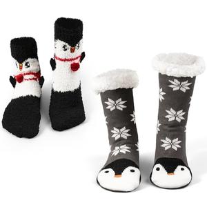 Liitrsh 2 Pairs Fuzzy Slipper Socks with Grippers Animal Sock Sherpa Lining Warm Plush Animal Lover Gift for Valentine's Day(Penguin)