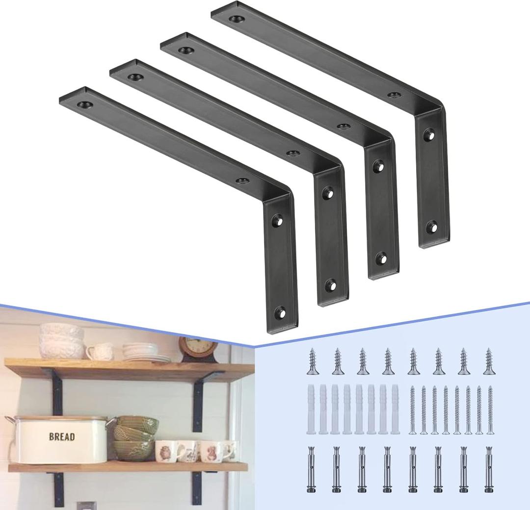 CLT Black Shelf Bracket, 12” X 5” Quarter Inch (1/4") Thick- Max Load: 440 lb Rustic Industrial Modern Farmhouse Heavy Duty Cold Rolled Steel Bracket for Table Bench, Space Saving DIY, Pack of 4