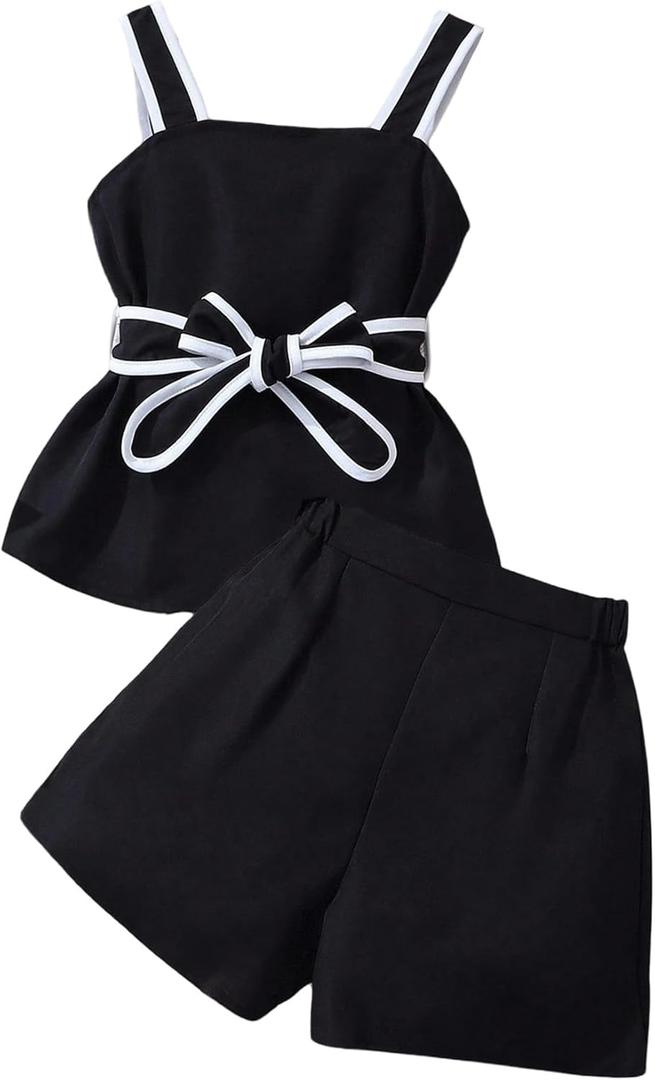 Verdusa Girl's 2 Piece Brunch Outfits Bow Knot Belted Contrast Trim Tank Tops with Shorts Comfy Sets (Black, 10Y)