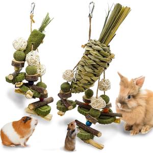 Rabbit Chew Toy, 2Pcs Bunny Cage Hanging Chew Toy & Treats,Natural Material Handwoven Chinchilla Treats Toys for Guinea Pig Hamster Rat and Other Small Pets Teeth Grinding