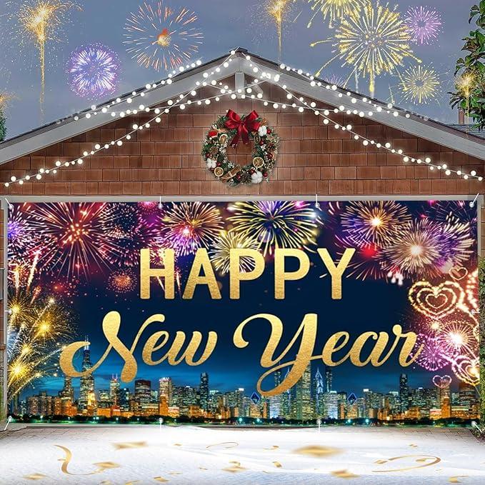 New Year Garage Door Cover Decorations Banner Backdrop,2026 Happy New Year Eve Holiday Garage Door Cover Banner,Neon City Night Scene Colorful Fireworks Garage Door Outdoor Holiday Decorations 68 x 42