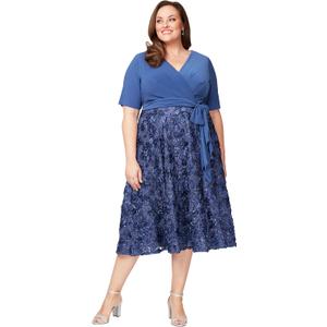 Alex Evenings Women's Tea Length A-line Rosette Dress, 24W