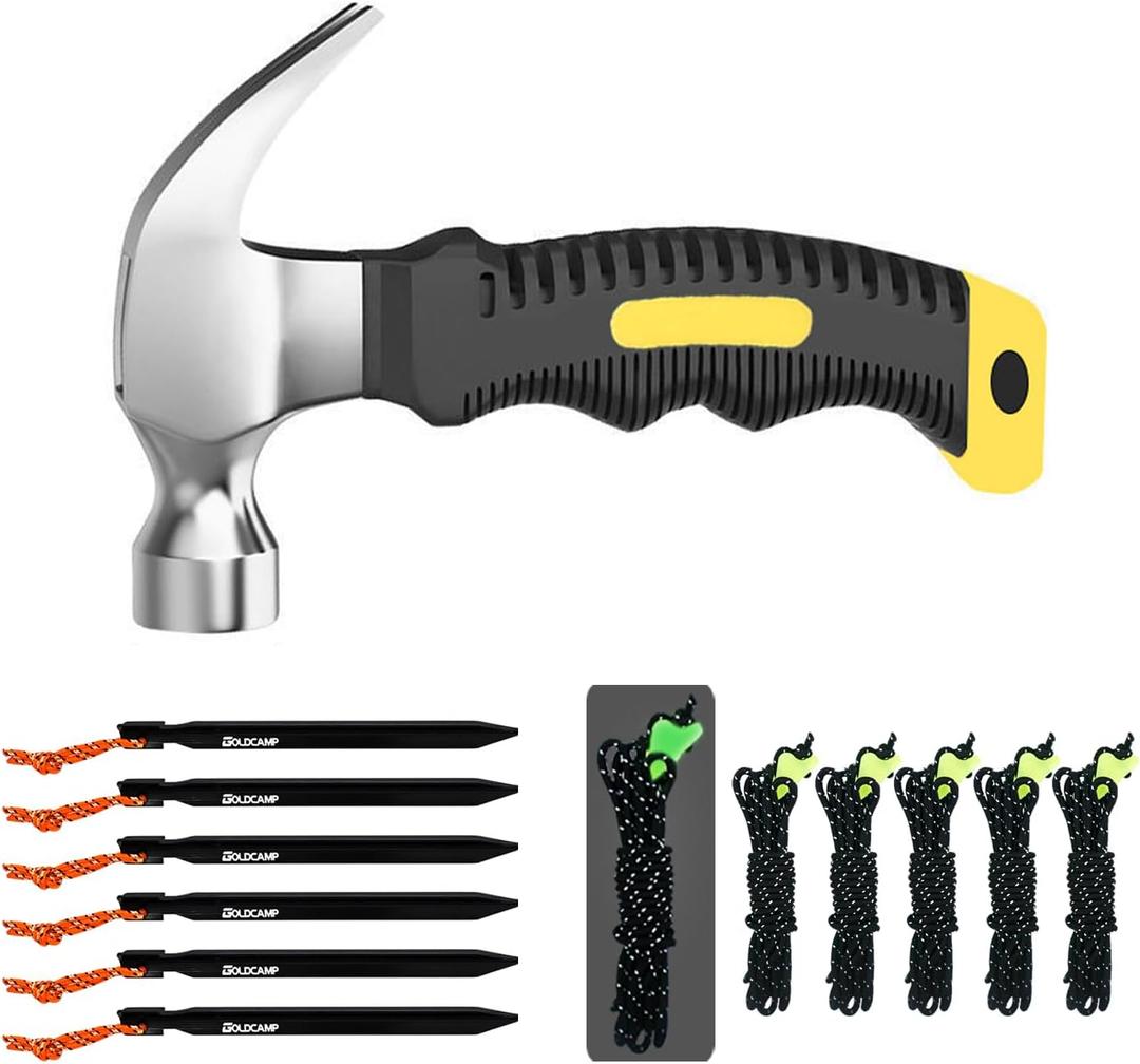 6 Pack Aluminum Tent Stakes6 Pack High-Reflective Guy Lines 4mm Tent Cords High-Strength Lightweight Camp Ropes with Glow in The Dark Adjuster Tensioner for Tent, Small Claw Hammer