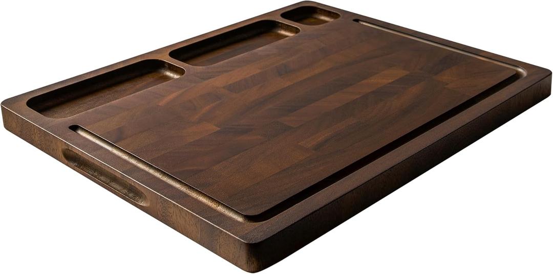 Walnut Cutting Boards For Kitchen, End Grain Wooden Cutting Board with Handle, Dark Walnut Chopping Board Double Sided Charcuterie Boards For Meat, Vegetables, Fruits, Cheese
