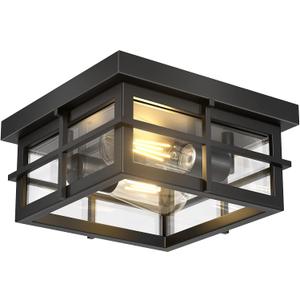 Asnxcju Modern Outdoor Ceiling Light Fixtures, 2-Light Black Flush Mount Light Fixtures with Clear Glass Shade, Farmhouse Square Ceiling Lighting for Porch Bathroom Kitchen (Bulbs Not Included)
