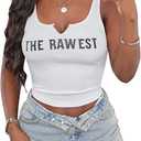 LovelyWholesale Graphic Crop Tops for Women Sexy V Neck Ribbed Tank Top White Size 2XL