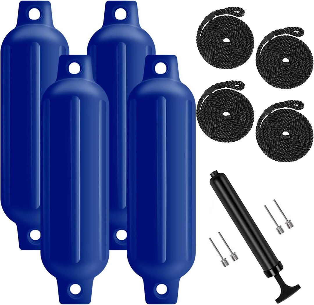 Boat Fenders 4 Pack, Ribbed Twin Eyes Boat Fenders Bumpers for Docking, Inflatable Marine Boat Bumper with 4 Ropes, 4 Needles and 1 Pump (blue)