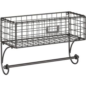 Metal Paper Towel Holder Wall Mount. Towel Bar with Basket Storage Organizer for Kitchen Bathroom, Gray, 14" W x 5.7" D