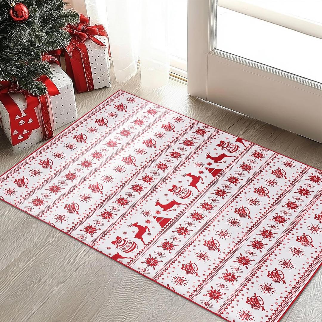 2x3 Machine Washable Christmas Throw Rugs Bells Rug Xmas Carpet Doormat Non-Slip Holiday Decorative Floor Snowflake Rug for Indoor Outdoor Front Entrance Bathroom Kitchen(Xmas Deer White,2x3ft)