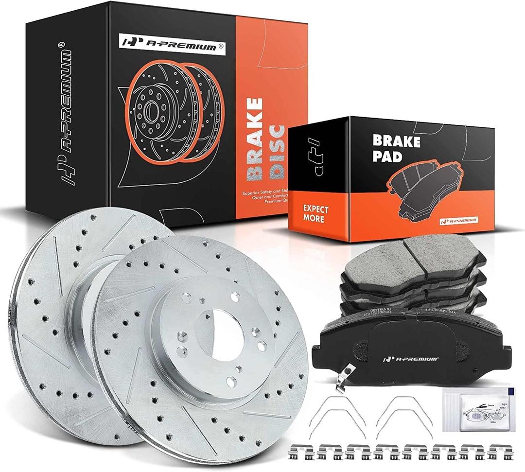 A-Premium 11.10 in (282mm) Front Drilled and Slotted Disc Brake Rotors + Ceramic Pads Kit Compatible with Honda and Acura Models - Accord 03-12/14-17, Civic 13-18, CR-V 02-04, Element 03-11, ILX 14-15