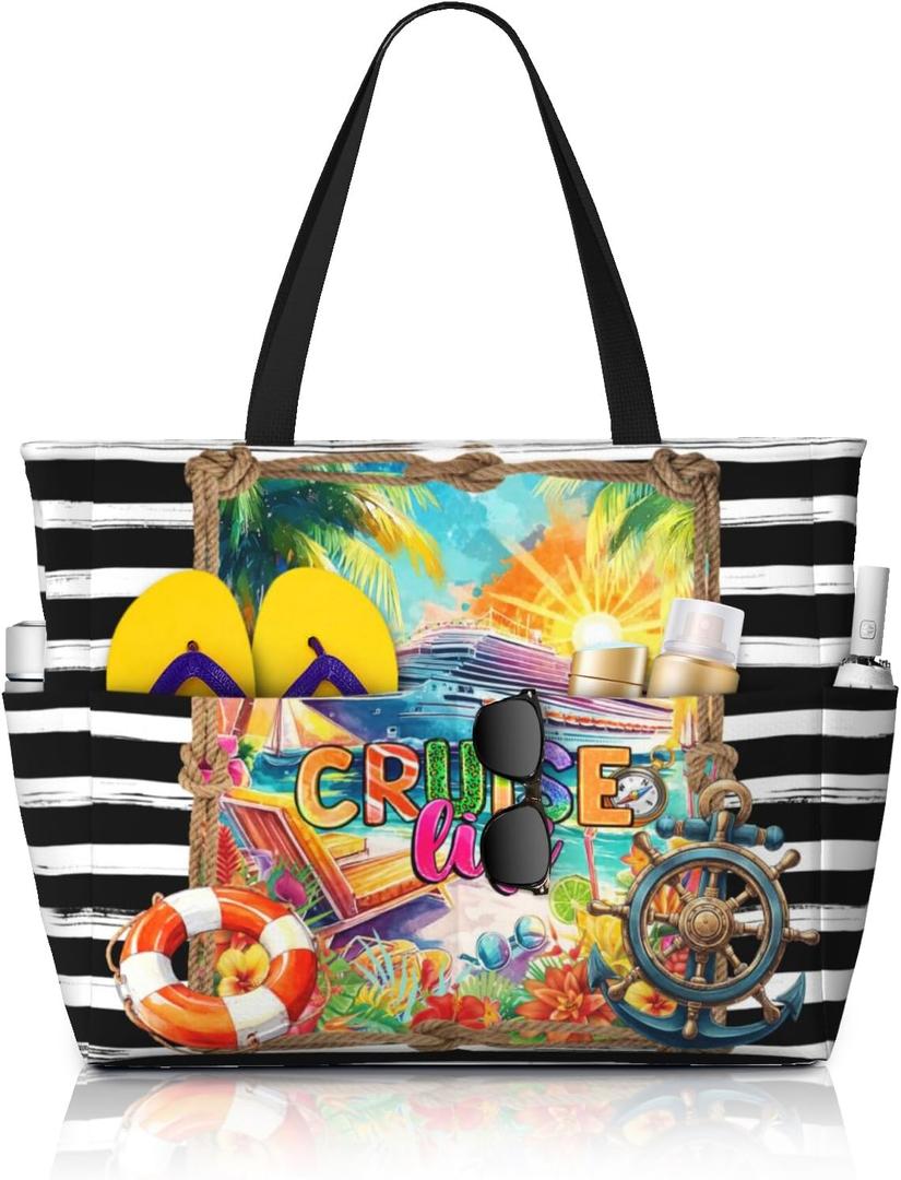 Large Waterproof Sandproof Beach Tote Bag for Women with Zipper & 7 Pockets, Lightweight Foldable Pool Swim Bag