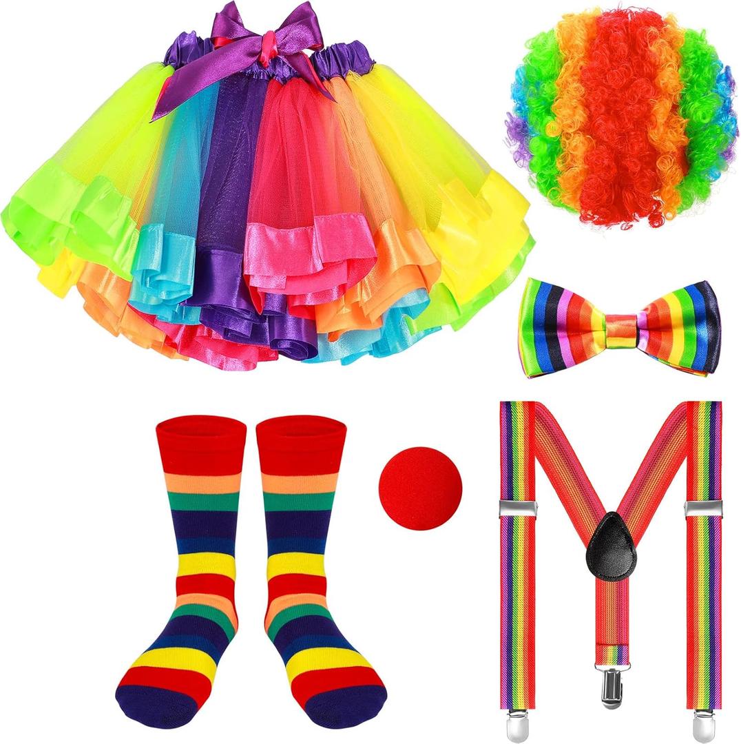 6 Pcs Kids Clown Rainbow Costume Set Include Tutu Skirt Socks Wig Nose Bow Shoulder Strap for Carnival Party (8-12 Years)