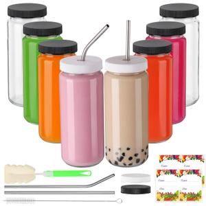 AuroTrends 16 oz Glass Bottles with Lids 8Pack, 480ml Portable Juicing Bottles Reusable Glass with Lids for Juicing, Smoothies, Kombucha (16fl.oz, Set of 8)