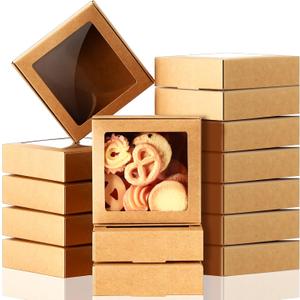 Zonon 30 Kraft Paper Boxes with Window 4.13 x 4.13 x 1.18 Inch Candy Packaging, Small Gift Boxes, Soap holder, Mini Treat Packaging for Bakery Chocolate Jewelry Display (Brown)