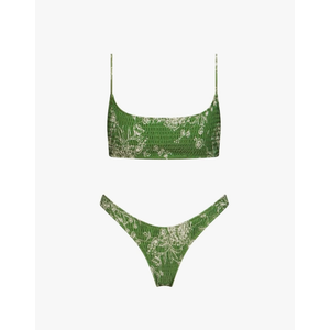 VOLAFA Women's Triangle Bikini Set Smocked Textured Scoop Frilled Print Ruched Elastic Swimsuit Two Piece Bathing Suit M