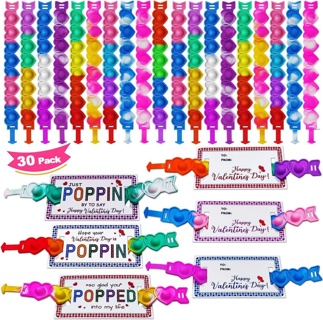 JUNQIU Valentines Day Cards For Kids School, 30 Pack Pop It Valentines Cards, Bulk Valentines Exchange Cards For Kids Classroom, Class Valentines Day Gifts For Boys Girls