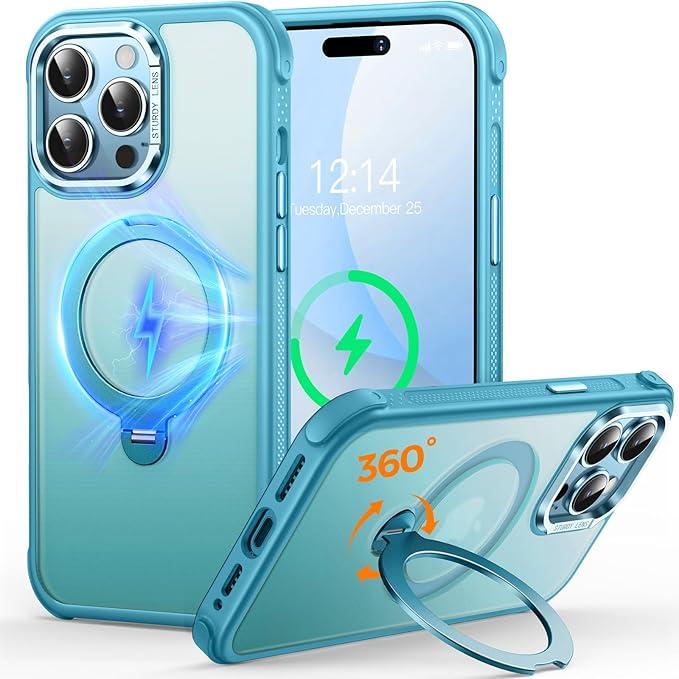 O3 Mag-Stand Designed for iPhone 14 Pro Case with 360° Spin Stand, [Compatible with mag Safe][Super Skin Feeling] Translucent Matte Magnetic Slim Phone Case 6.1 inch, Matte Lake Blue