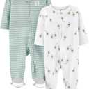 Simple Joys by Carter's unisex-baby 2-way Zip Thermal Footed Sleep and Play, Pack of 2 (6-9 Months, Mint Green Stripe/White Avocados)