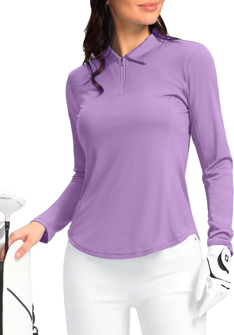 Women's Golf Shirts Lightweight UPF 50+ Long Sleeve Shirts UV Protection Quick Dry Cool Polo Shirts for Women Work Outdoor(Purple, L)