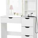 JoanKaren Modern Vanity Makeup Desk with Vanity Mirror, Built-in Lights, 4 Drawers, Crystal Ball Knobs, Power Outlet, White Makeup Desk for Bedroom