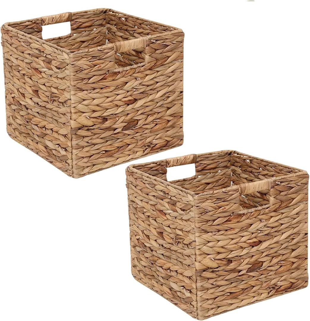 Set of 2 Storage Baskets Wicker Cube Baskets Foldable Handwoven Water Hyacinth Laundry Organizer,10.5 * 10.5 inches Woven Baskets, Wicker Storage Basket, Water Hyacinth Storage Baskets