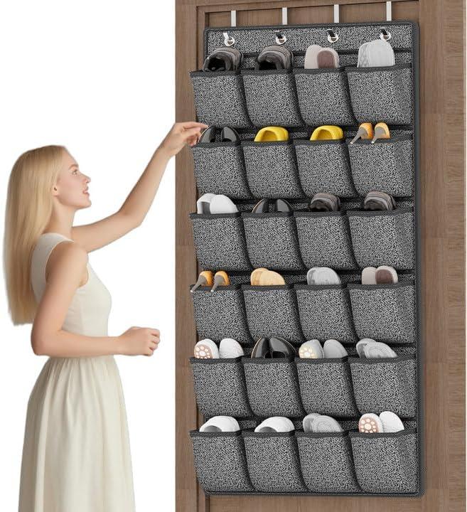homyfort Over the Door Shoe Organizer, Hanging Shoe Rack Storage Holder with 24 Large Pockets for Closet Door, Men Women Kids Shoes, Cruise (Black) (Linen-like Black)