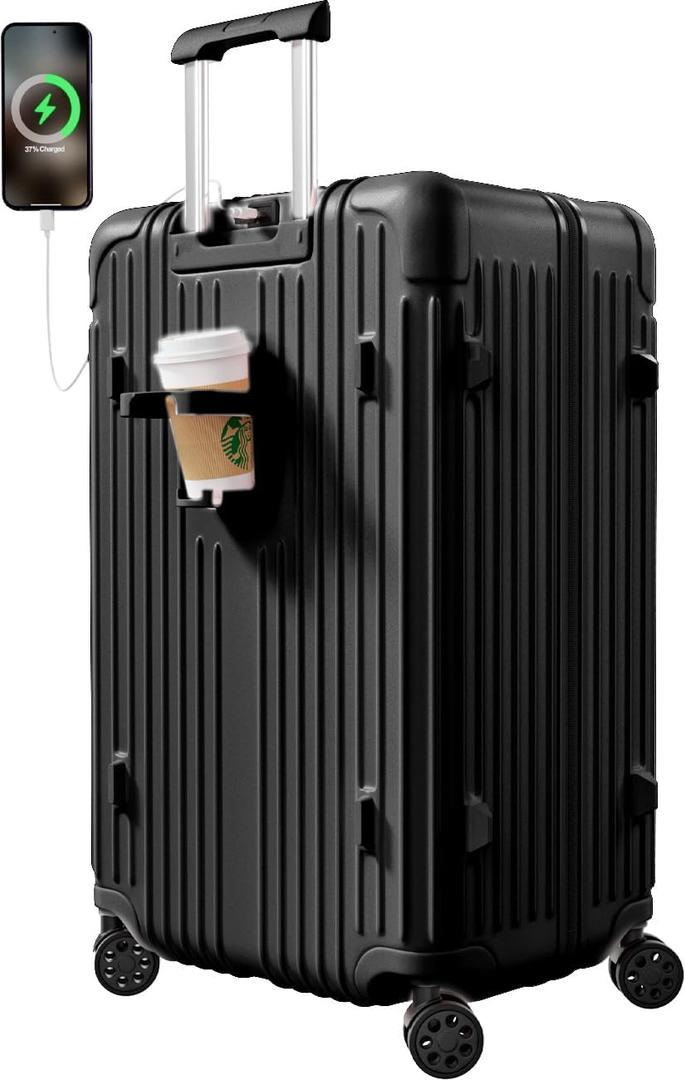 Krute Carry on Luggage 20 Inch Suitcases with Spinner Wheels Hardside Luggages Cup Holder Carry Suitcase USB Charger Port PC+ABS with TSA Lock (Black)