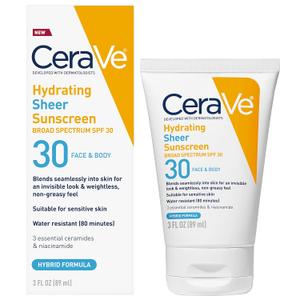 CeraVe Hydrating Sheer Sunscreen SPF 30 for Face and Body, Mineral & Chemical Sunscreen with Zinc Oxide, Hyaluronic Acid, Niacinamides and Ceramides, Paraben Free Fragrance Free, 3 Ounces (3 Fl Oz (Pack of 1))