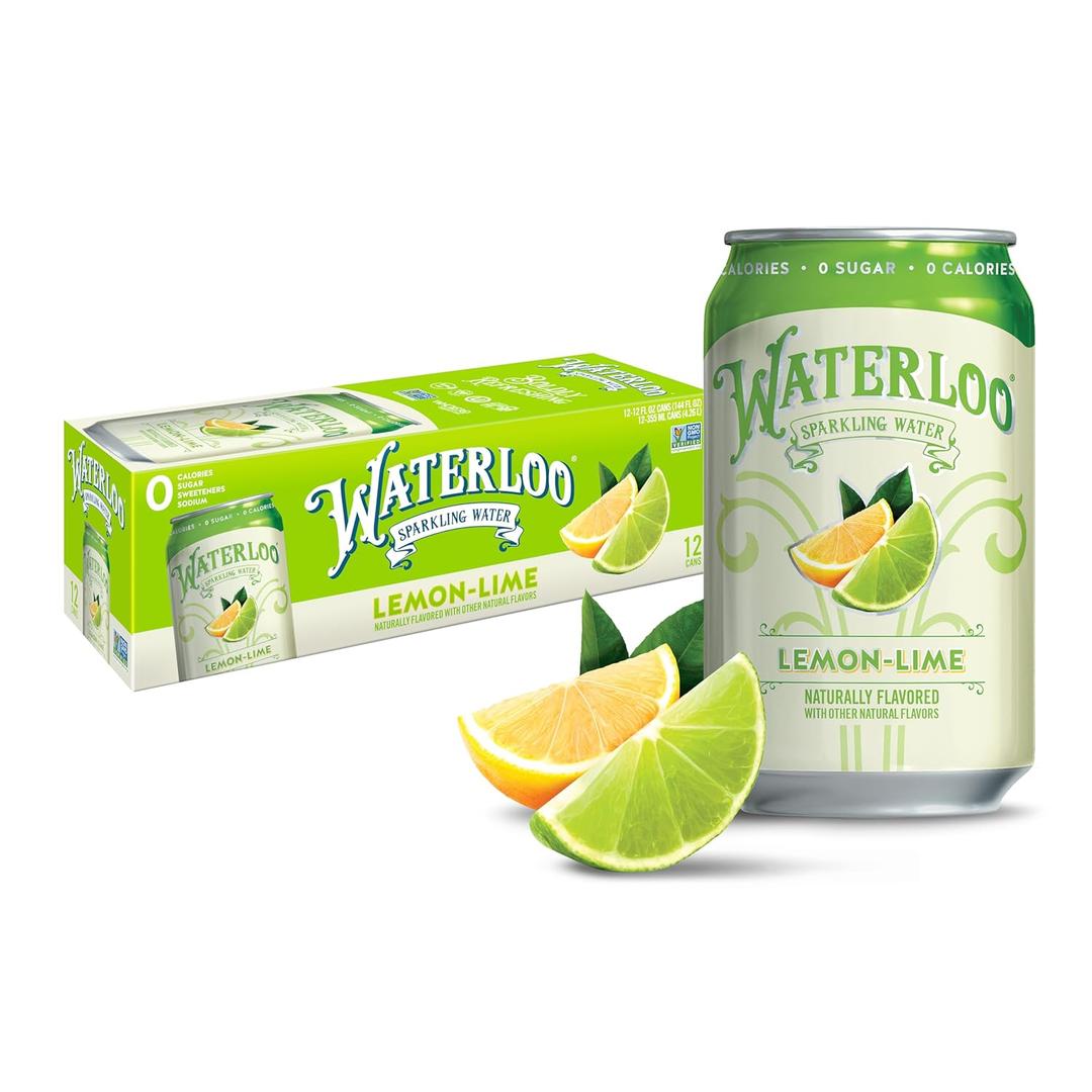 Waterloo Sparkling Water, Lemon-Lime Naturally Flavored, 12 Fl Oz Cans (Pack of 12) Zero Calories and Zero Sugar or Sweeteners (EXP 08/07/26)