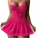Lilosy Sexy Garter Belt Mesh Lace Babydoll Lingerie Dress Set with Thong Women Floral NightDress Nightwear Cute Underwire Push Up Corset Outfit Sheer Slip Hot Pink X-Large