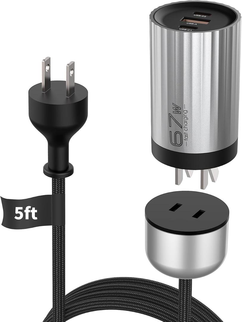 Mukiya 67W 3-Port GaN Fast Wall Charger Block with 2 USB-C & 1 USB-A Ports, Detachable Outlet with 5ft Nylon Extension Cord, Fast Charging for iPhone, Samsung, iPad, MacBook, Android