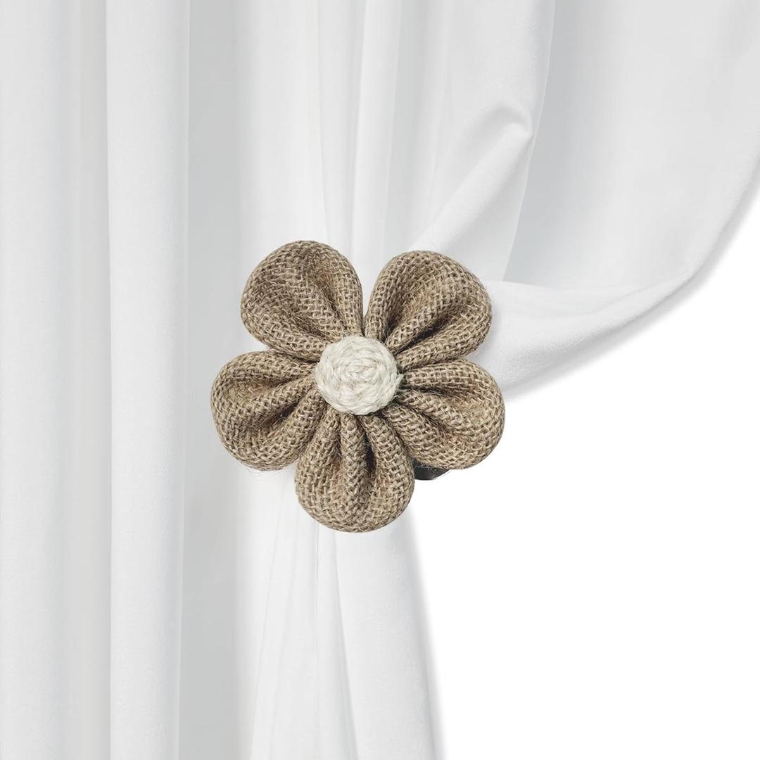 Curtain Tiebacks 2 Pack Clips with Natural Flower for Window Drapes, Boho Decor Holdback Clamps Farmhouse for Sheer Curtains, Natural Decor Drapery Holder