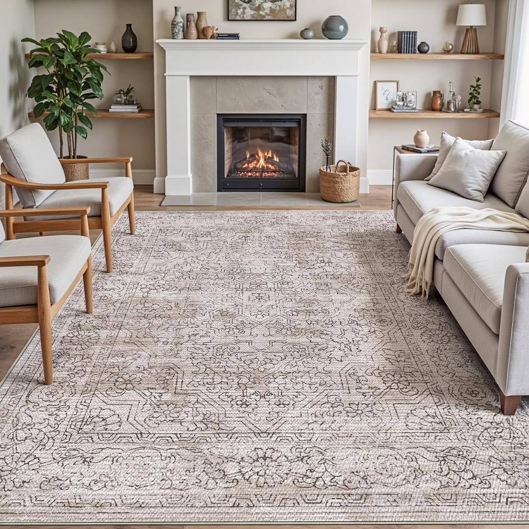 DEXI Area Rugs for Living Room, 8x10 Washable Low Pile Vintage Rug for Bedroom, Non Slip Large Indoor Carpet for Dining Office Nursery, Warm Taupe