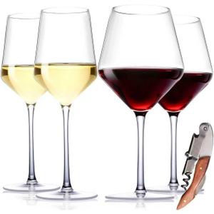 Physkoa Wine Glass Set of 4  2 Red Wine (23oz) & 2 White Wine (14oz) Hand-Blown Crystal Glasses with Corkscrew, Perfect for Christmas, Wedding & Housewarming Gifts (Modern)